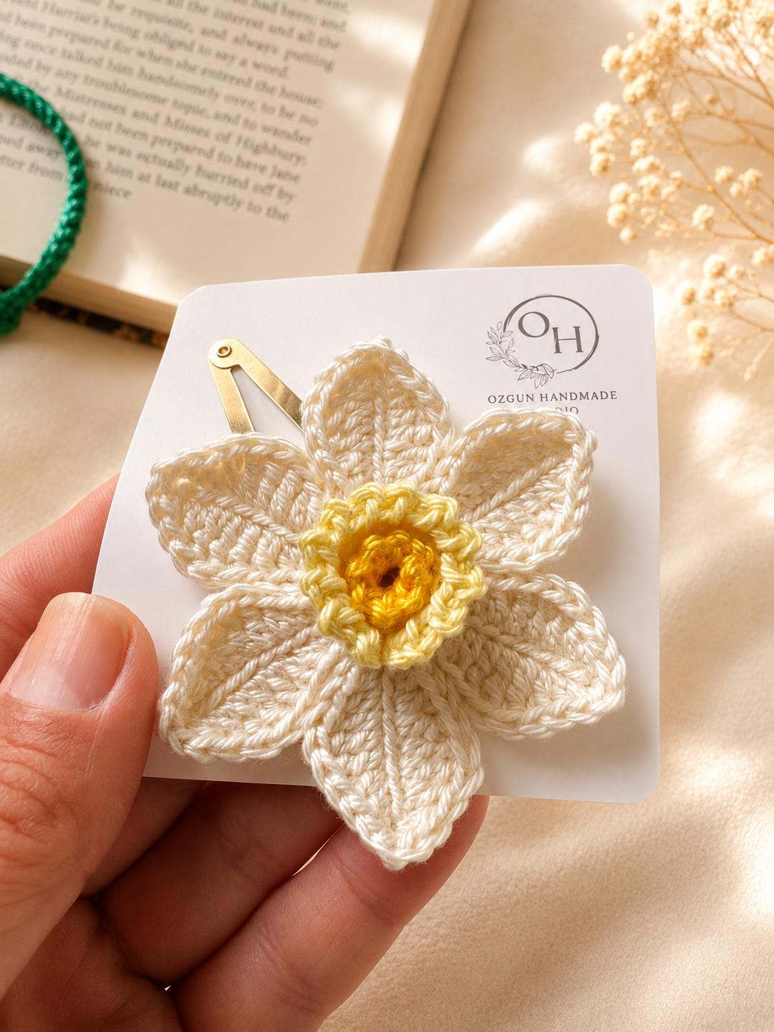 Crochet Daffodil Hair Clip – Handmade Flower Hair Accessory __etsy:8114661512
