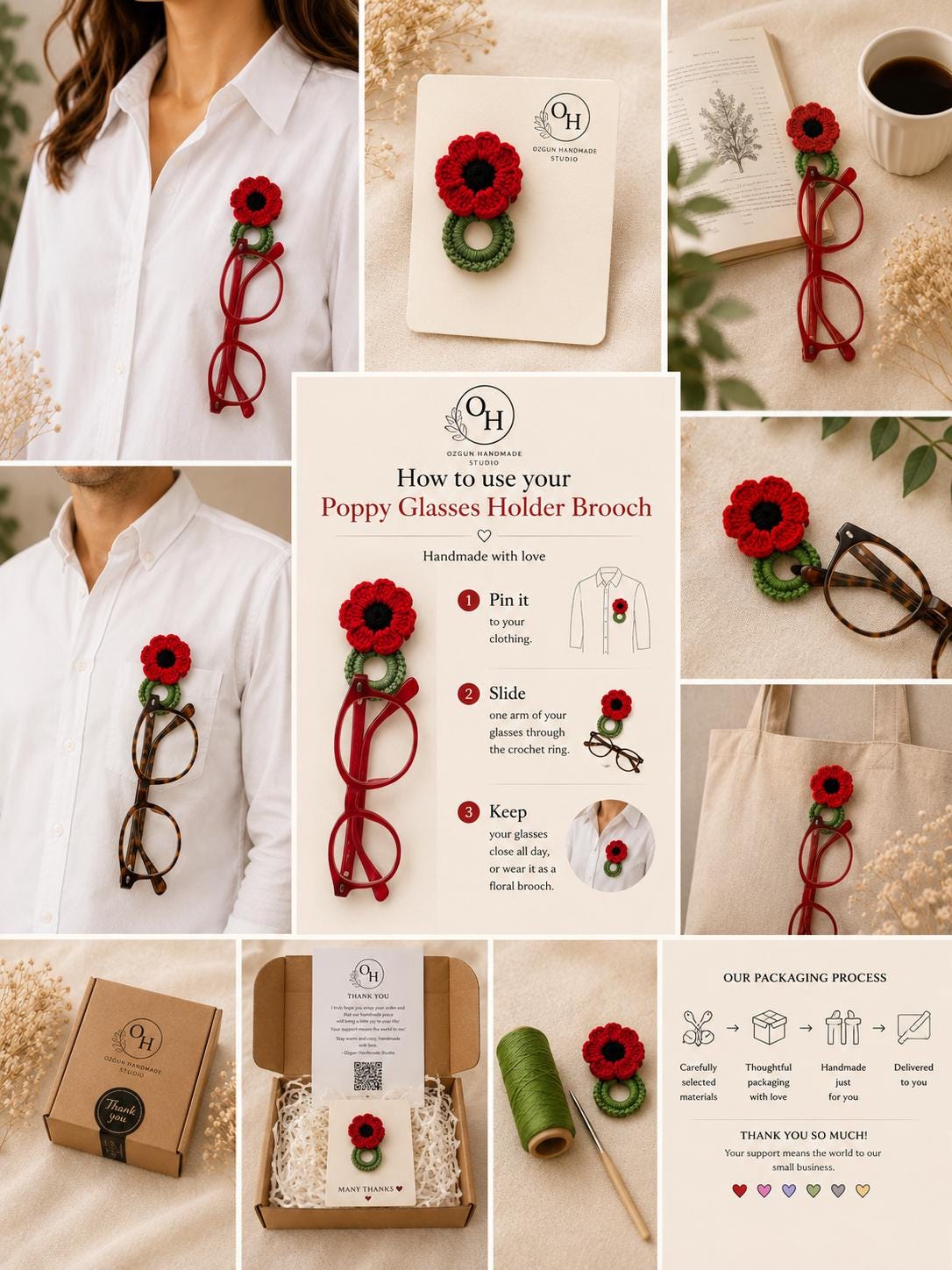 Crochet Poppy Glasses Holder Brooch, Handmade Floral Eyeglass Accessory __etsy:8114693151