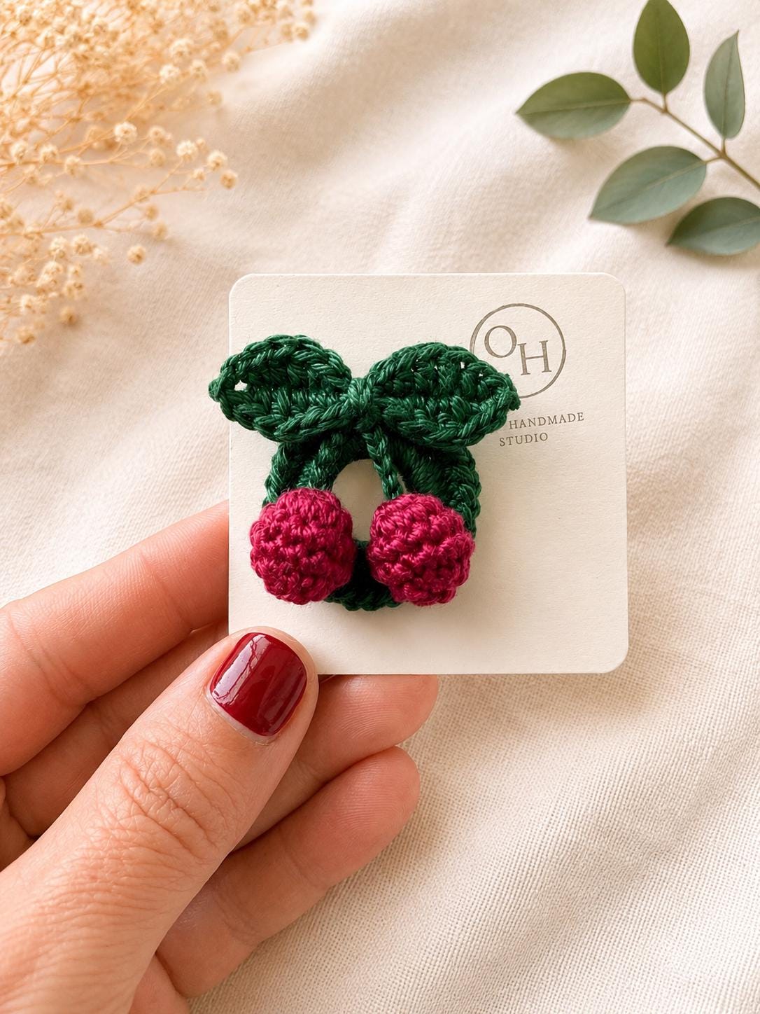 Crochet Cherry Glasses Holder Brooch, Handmade Eyeglass Pin Accessory, Mercerized Cotton Yarn __etsy:8114754165