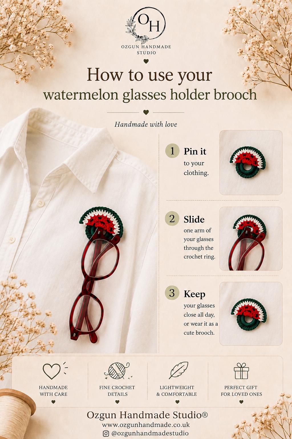 Crochet Watermelon Slice Glasses Holder Brooch, Crochet Fruit Pin, Summer Accessory __etsy:8114884859