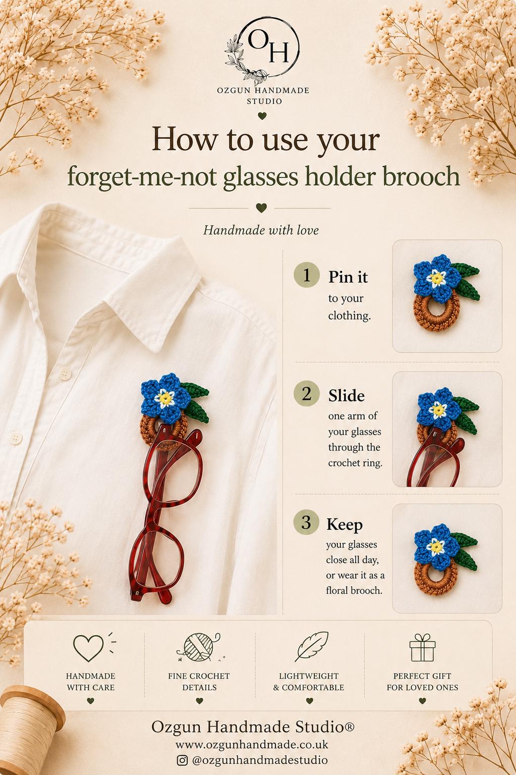 Crochet Forget Me Not Flower Glasses Holder Brooch, Botanical Eyeglass Pin Accessory __etsy:8114954895