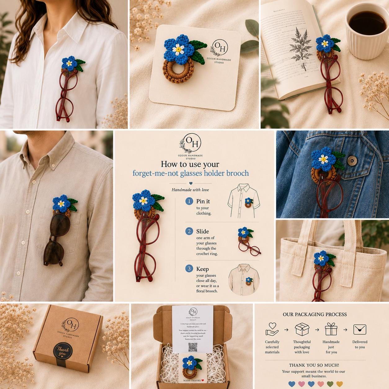 Crochet Forget Me Not Flower Glasses Holder Brooch, Botanical Eyeglass Pin Accessory __etsy:8114988483