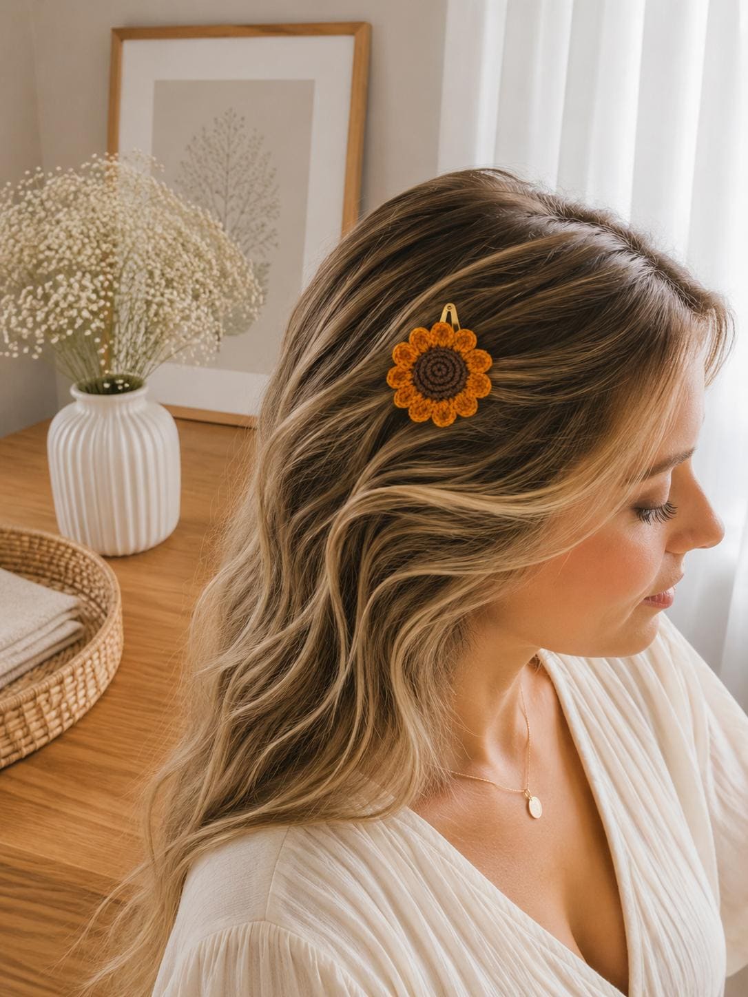 Crochet Sunflower Hair Clip – Cotton Floral Barrette, Summer Accessory __etsy:8115044098