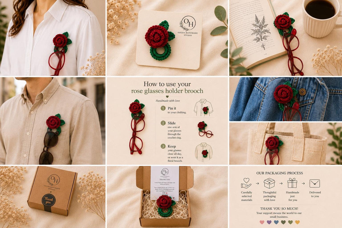 Crochet Rose Glasses Holder Brooch, Floral Eyeglasses Pin, Cotton Yarn, Handmade Accessory __etsy:8115130345
