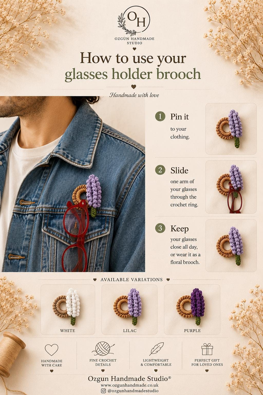 Crochet Lavender Glasses Holder Brooch, Floral Eyeglass Pin, Funcional Cotton Yarn Accessory __etsy:8115196511