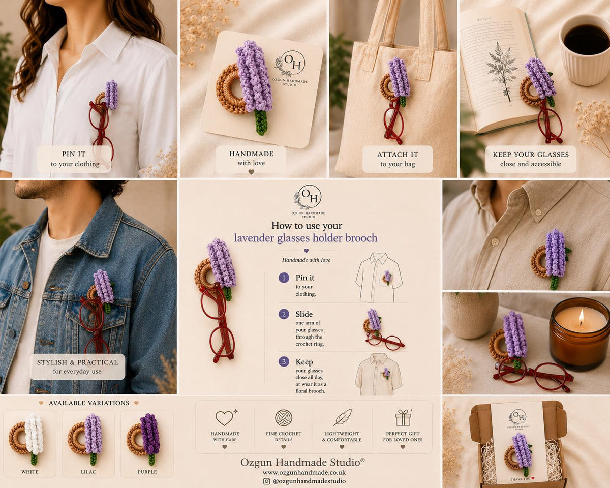 Crochet Lavender Glasses Holder Brooch, Floral Eyeglass Pin, Funcional Cotton Yarn Accessory __etsy:8115214995