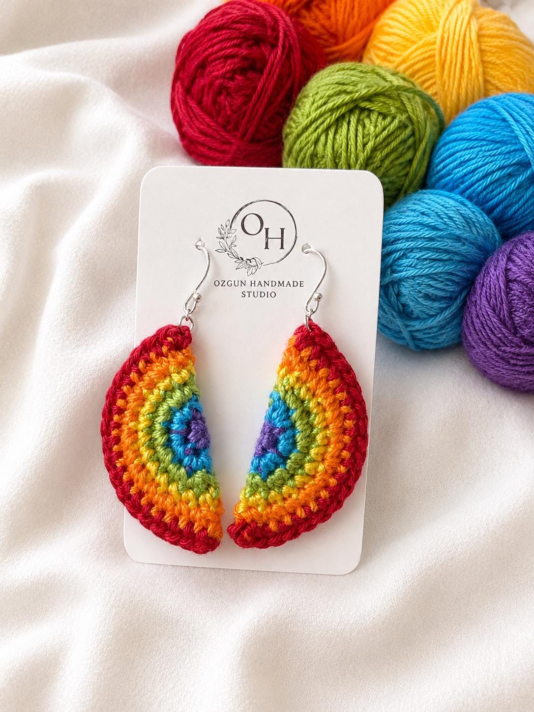 Rainbow Earrings: Handmade Crochet Cotton Pride Jewelry, Sterling Silver __etsy:8122286141