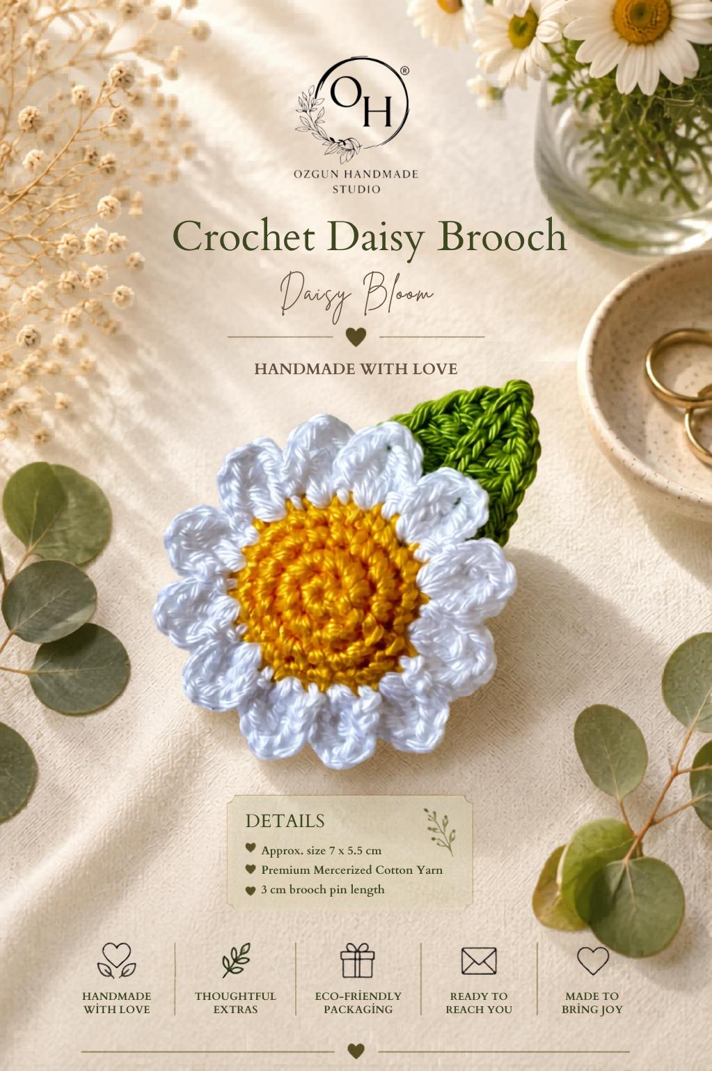 Crochet Daisy Brooch, Cottagecore Floral Pin, Cotton Yarn Botanical Accessory, UK Made Flower Jewellery __etsy:8125702121
