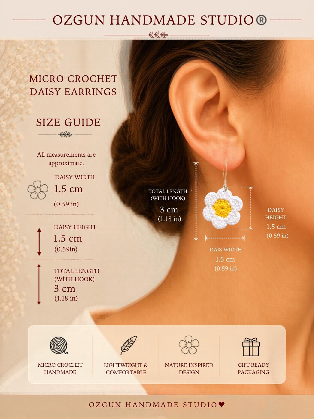 Handmade Micro Crochet Daisy Earrings – 925 Sterling Silver Hooks, Lightweight Floral Jewellery __etsy:8127328413