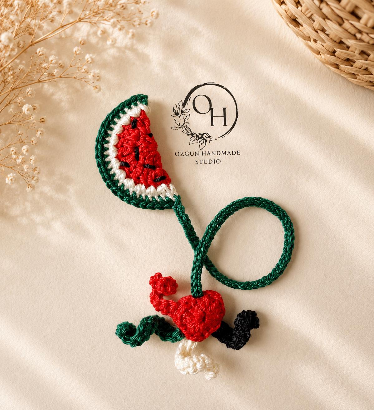 Crochet Watermelon Heart Bookmark: Palestinian Flag Colors, Car or Bag Charm __etsy:8129029371