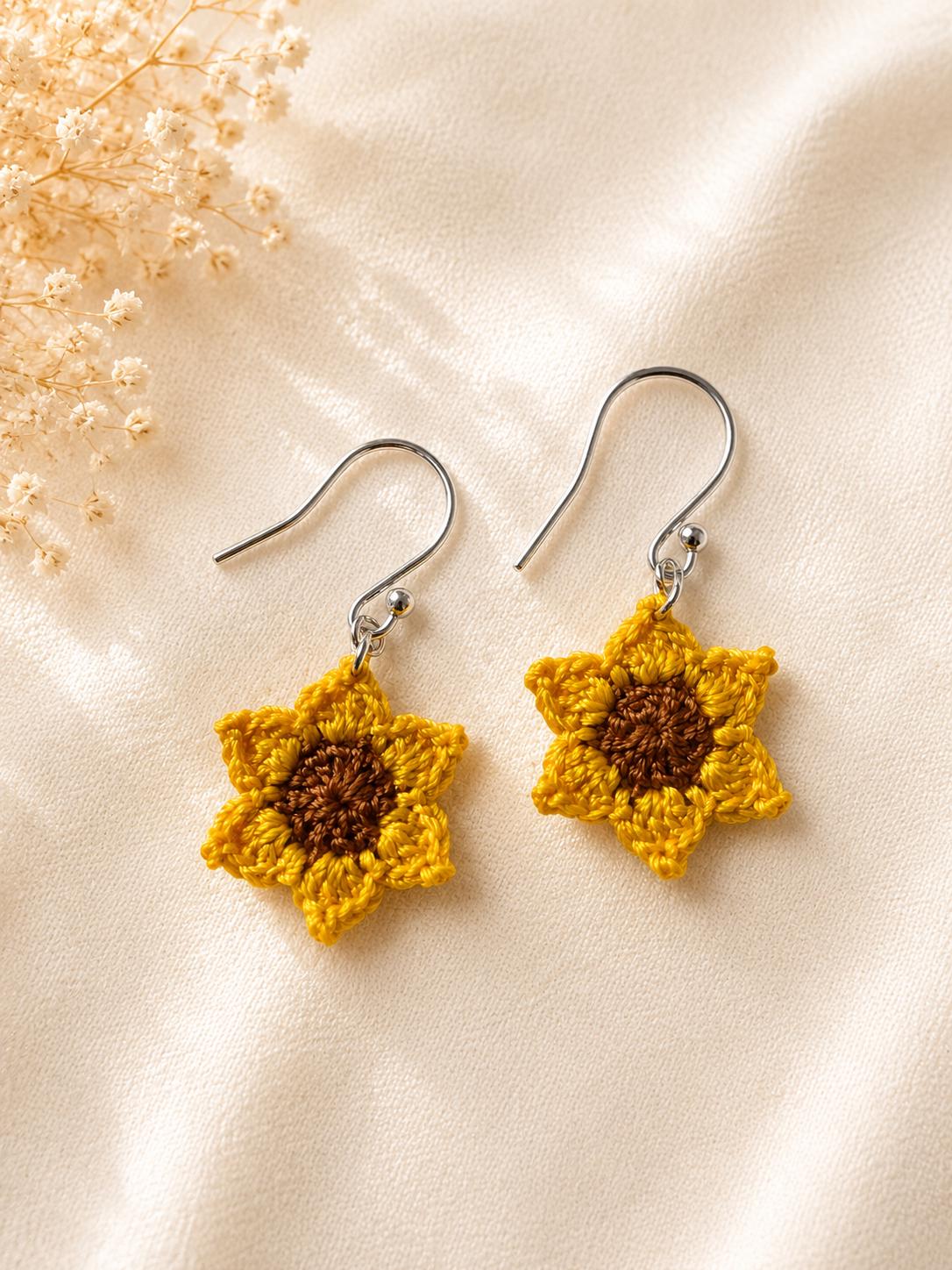 Handmade Micro Crochet Sunflower Earrings – 925 Sterling Silver Hooks, Lightweight Floral Jewellery __etsy:8129424297