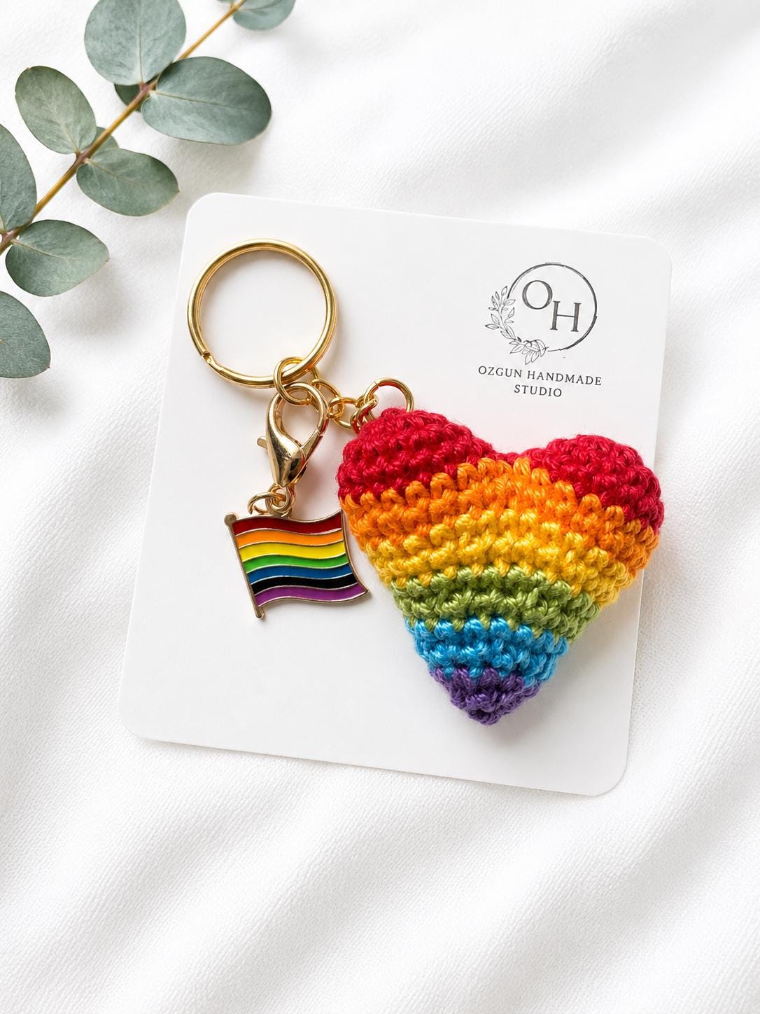 Crochet Rainbow Heart Keychain with Pride Flag Charm __etsy:8132589813