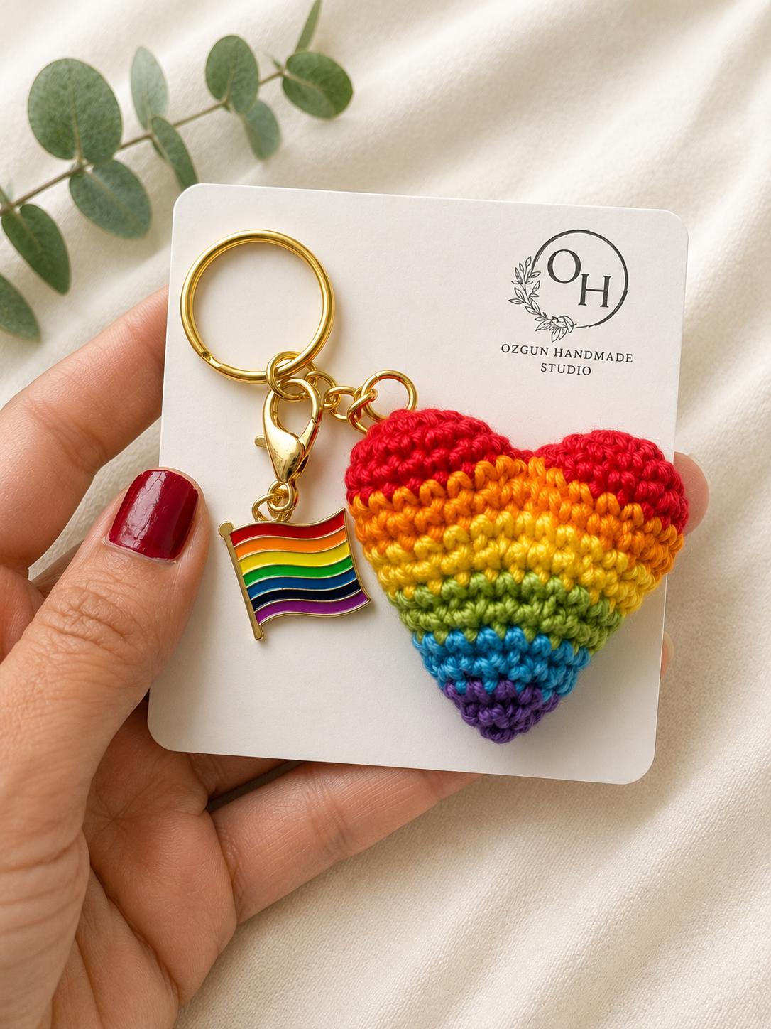 Crochet Rainbow Heart Keychain with Pride Flag Charm __etsy:8132844553