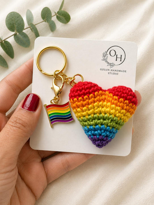 Crochet Rainbow Heart Keychain with Pride Flag Charm __etsy:8132844553