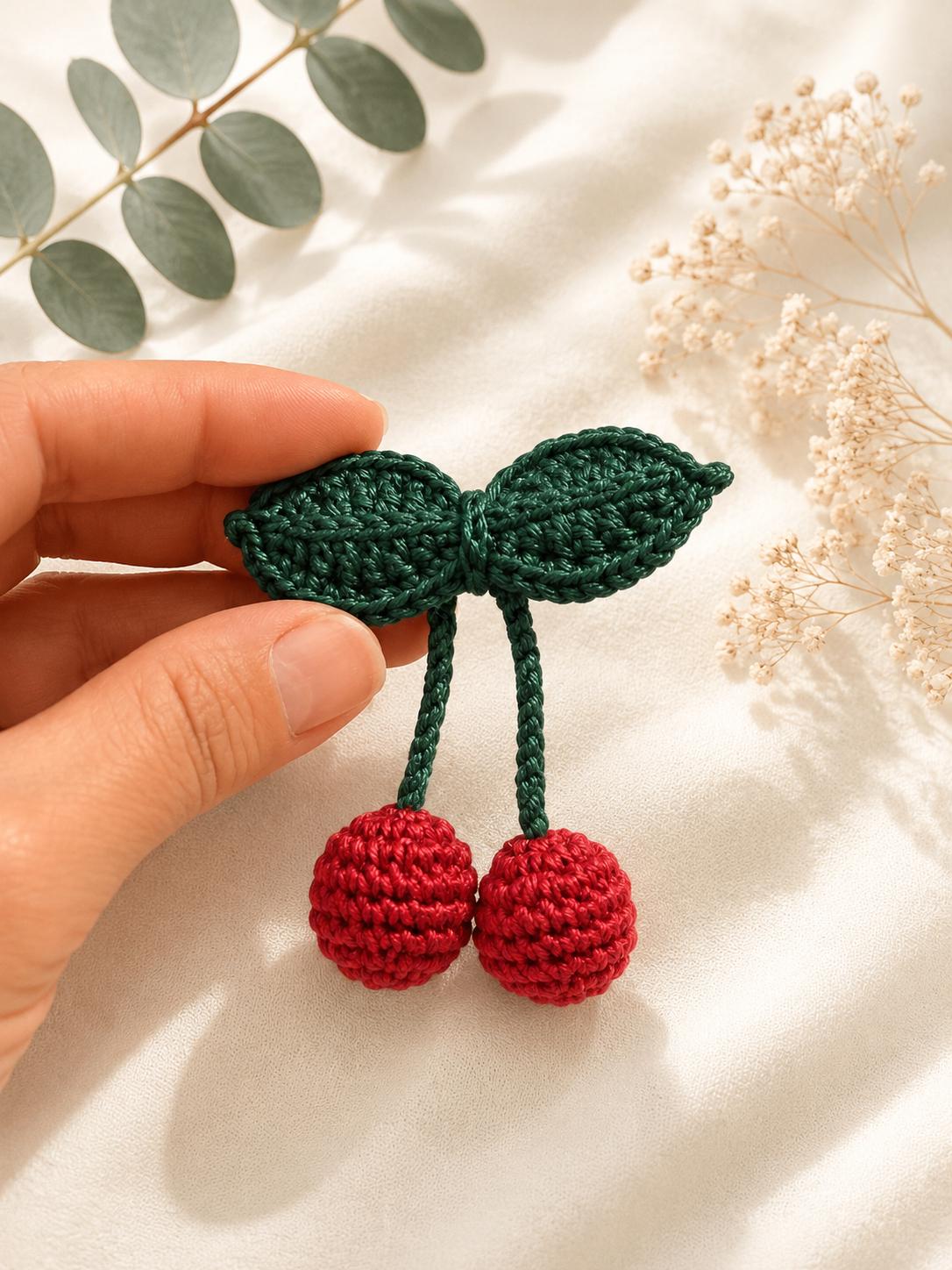 Handmade Crochet Cherry Brooch with Double Leaves – Playful & Whimsical Touch __etsy:8158709457
