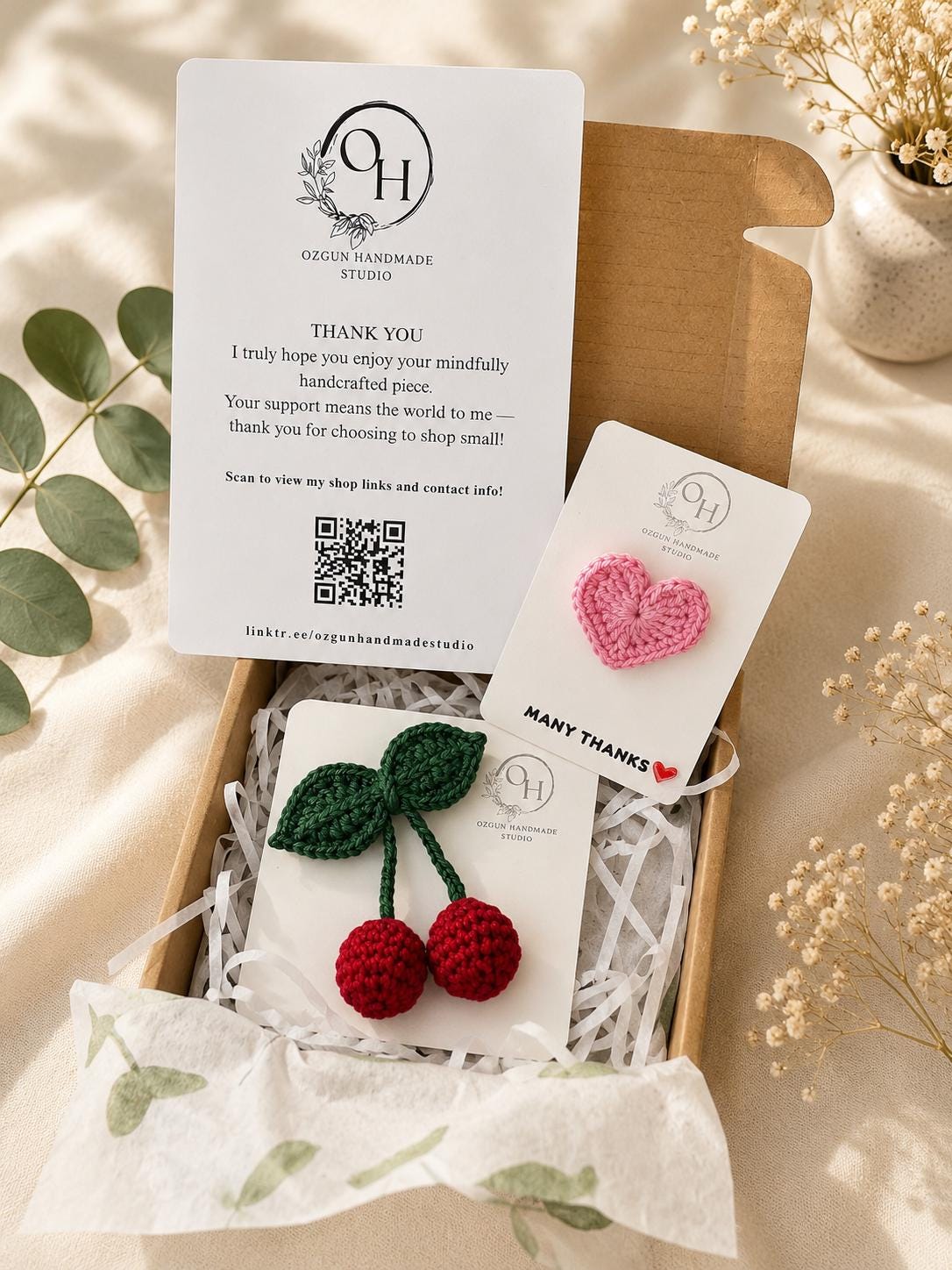 Handmade Crochet Cherry Brooch with Double Leaves – Playful & Whimsical Touch __etsy:8158776065