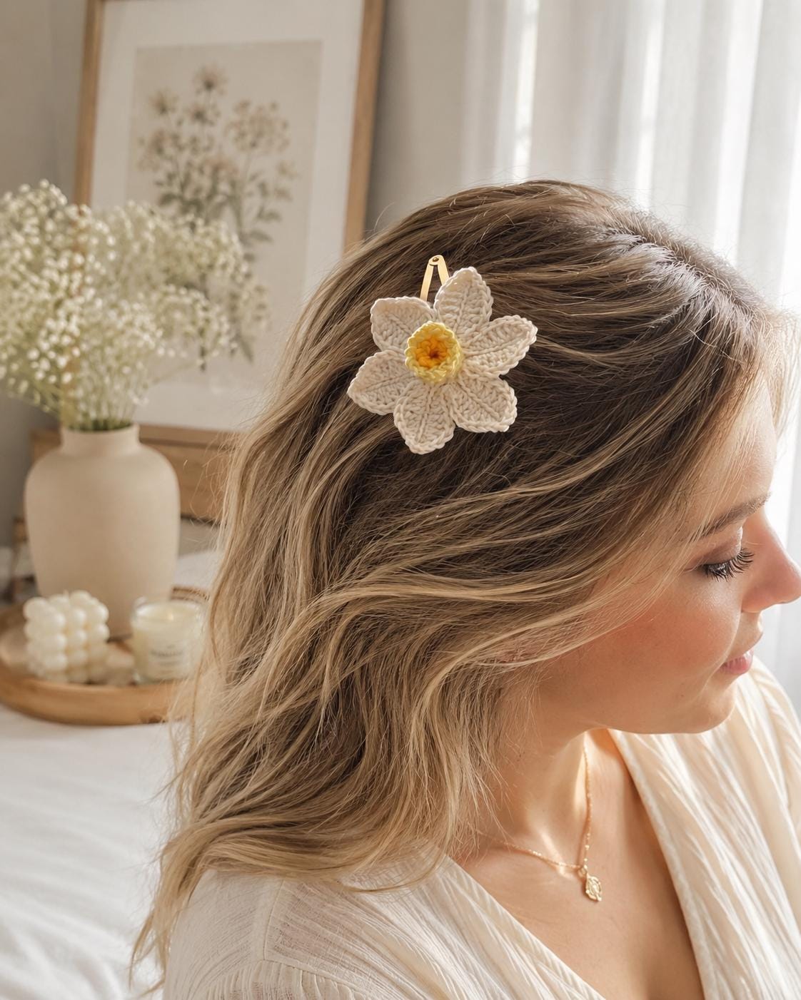 Crochet Daffodil Hair Clip – Handmade Flower Hair Accessory __etsy:8162779393