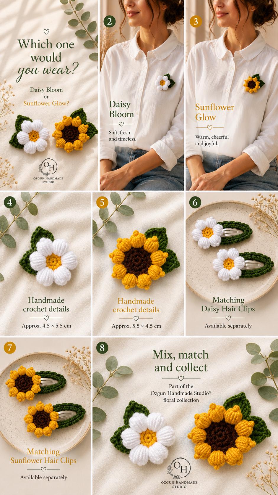 Crochet Daisy Sunflower Hair Clip, Brooch, Floral Accessory, Handmade Mercerized Cotton Yarn __etsy:8177764035