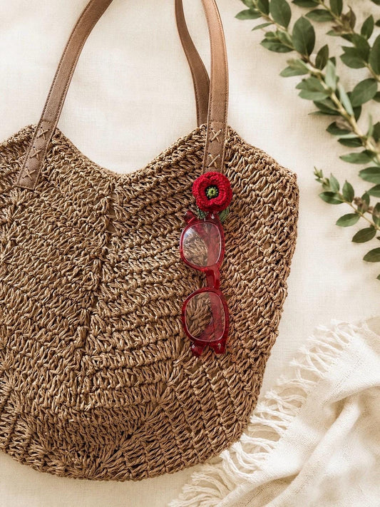 Crocheted Poppy Glasses Holder Brooch, Floral Reading Glasses Accessory