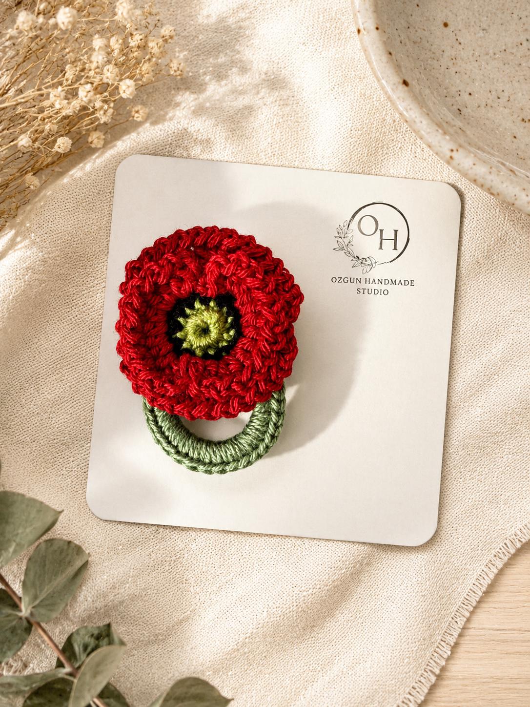 Crocheted Poppy Glasses Holder Brooch, Floral Reading Glasses Accessory