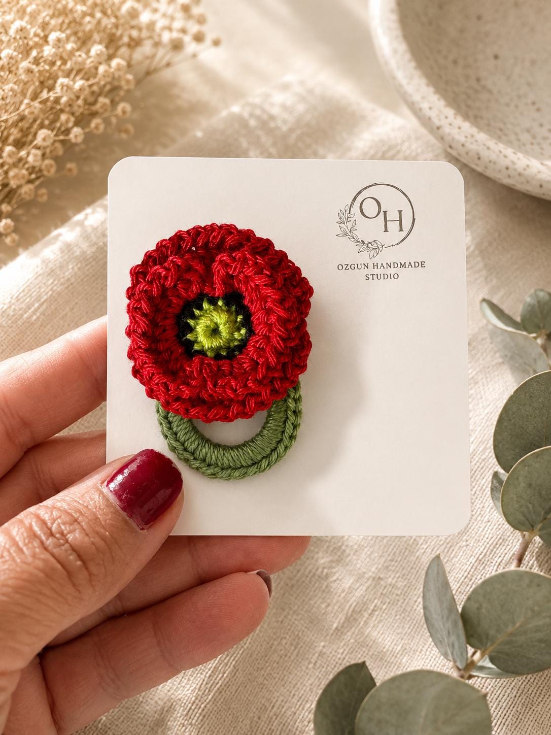 Crocheted Poppy Glasses Holder Brooch, Floral Reading Glasses Accessory