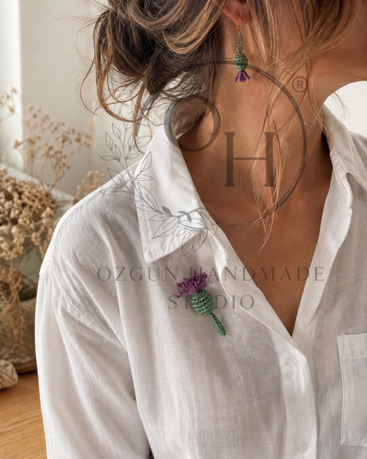 Scottish Thistle Crochet Earrings | Sterling Silver | Handmade Botanical Earrings | Matching Brooch Set Available