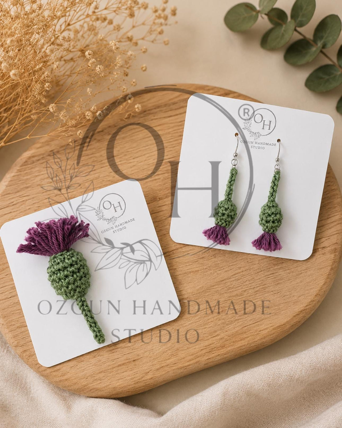 Scottish Thistle Crochet Earrings | Sterling Silver | Handmade Botanical Earrings | Matching Brooch Set Available